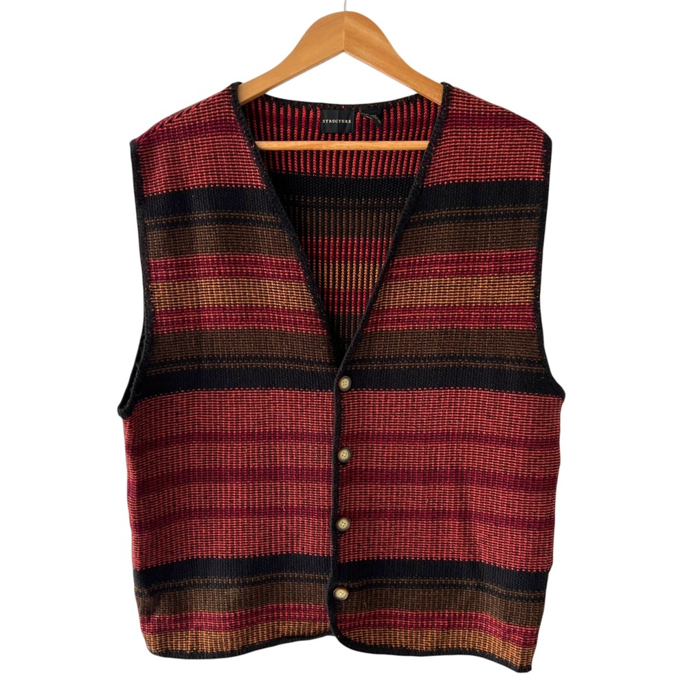 Vintage 90s Structure Mens L Striped Sweater Vest Grandpa Ramie Cotton Red Brown